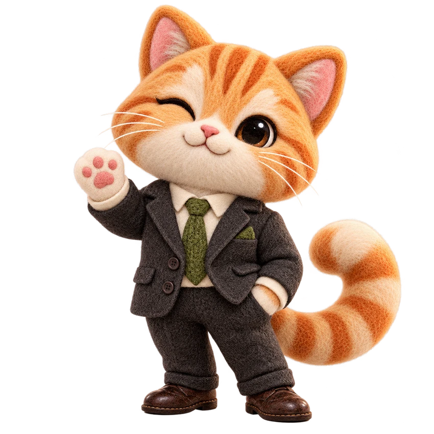 Purrs, an orange felt cat in a suit, waving a paw