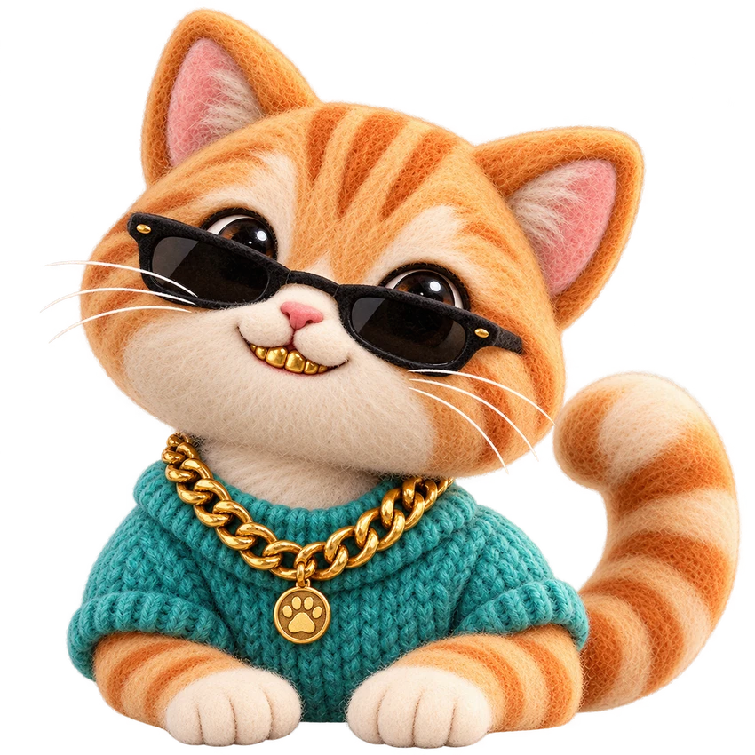 Purrs, a ginger felt cat with sunglasses and a gold paw necklace